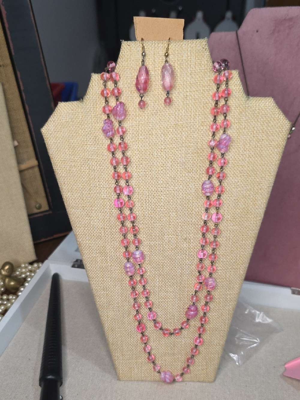 Vintage Italian Pink Blown Glass Necklace And Earring Set. Silo Italy